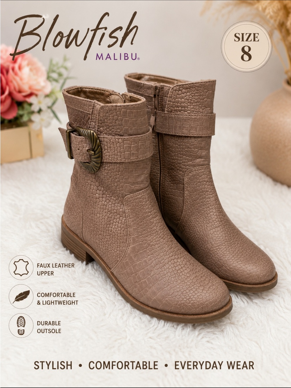 Blowfish Women’s Taupe Ankle Boots Embossed Reptile Buckle Strap Size 8